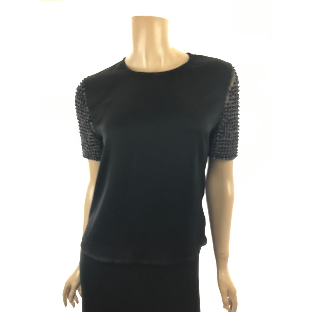 Haute Hippie Size 2 Black Top Blouse Beads on Short Sleeves Cotton Blend